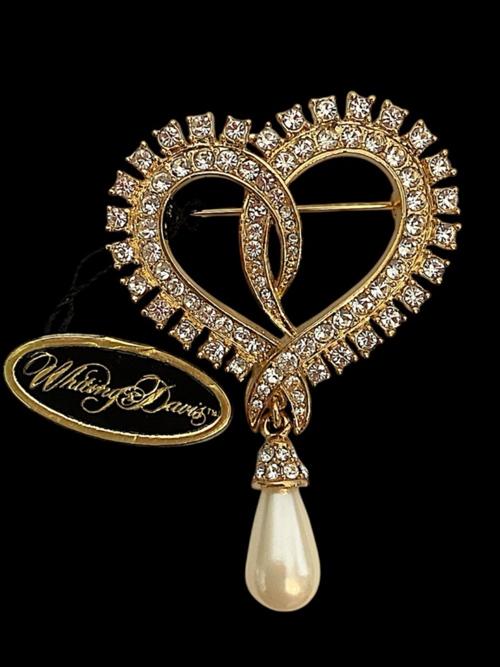 Original Tags Whiting & Davis Rhinestone Heart Brooch with Faux Pearl Dangle
